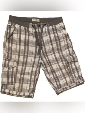 GUESS Men's Grey & White Plaid pull on Cargo Shorts with tie waist size 34